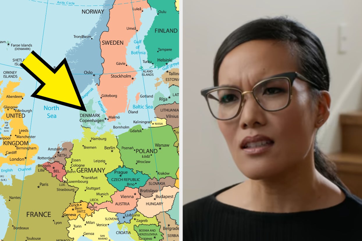 Map of Europe pointing to Denmark; right side Ali Wong looking confused
