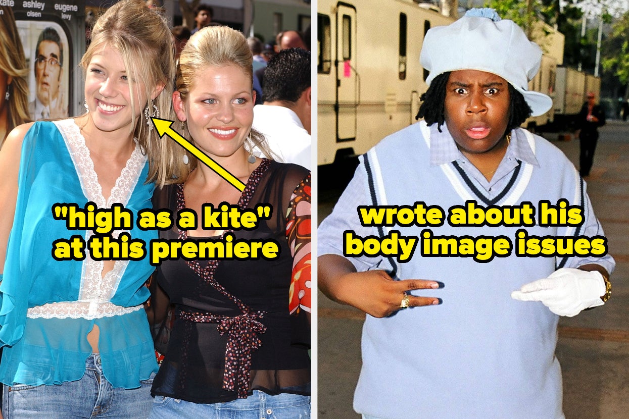 Two women smiling, one labeled "high as a kite at this premiere." Man in casual attire labeled "wrote about his body image issues."