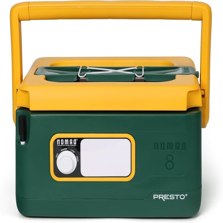 Portable Presto Nomad cooler with a yellow handle and green body, featuring a dial on the front