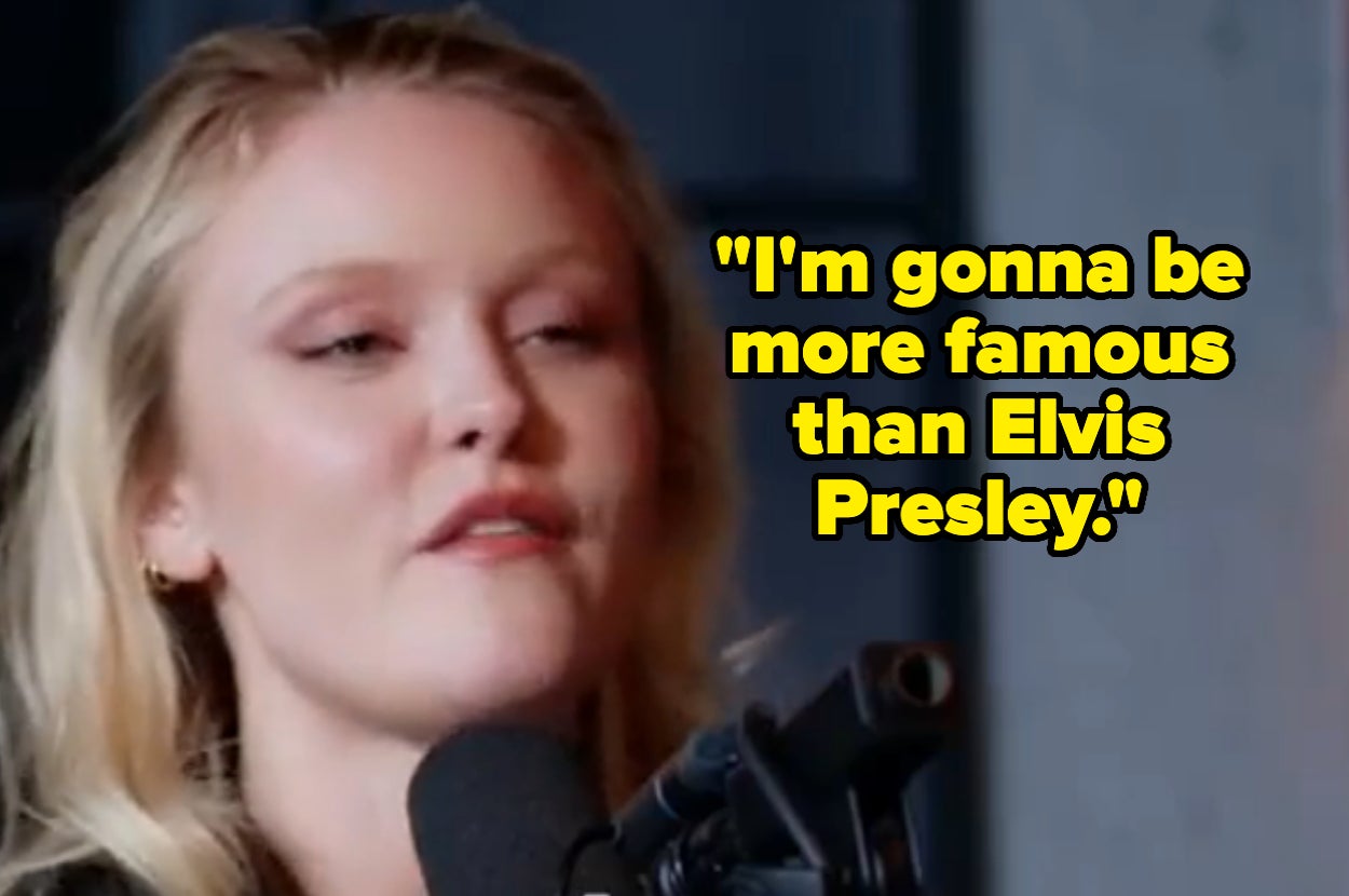 A person speaking into a microphone with text beside them saying, "I'm gonna be more famous than Elvis Presley."