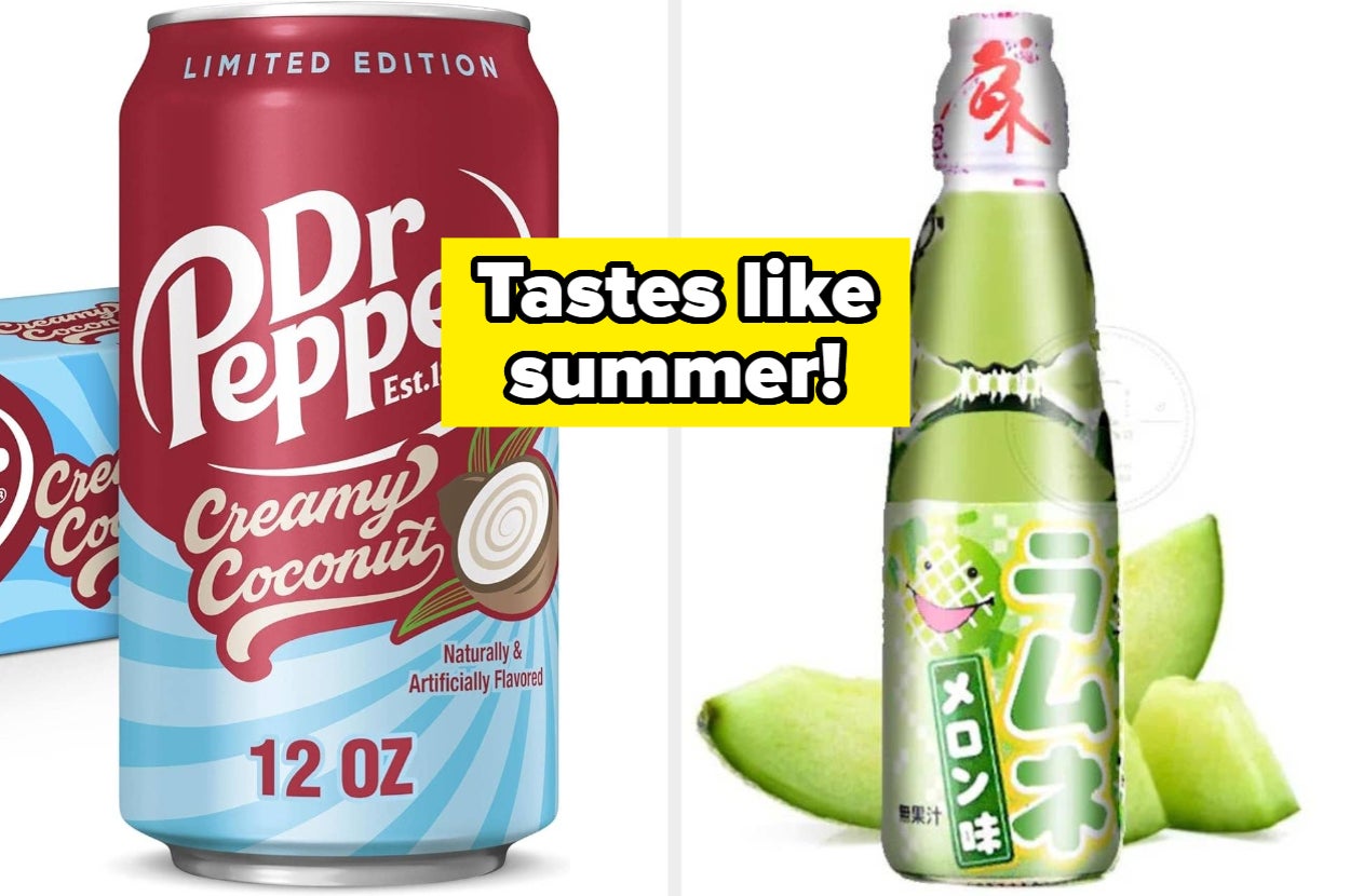 Dr Pepper Creamy Coconut can and a melon-flavored soda bottle with text overlay "Tastes like summer!"
