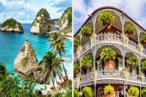 Split image of a remote beach with crystal blue water in Bali and an ornate building in the French Quarter in New Orleans, Louisiana.