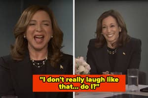 Two images of a woman laughing during an interview, captioned "I don't really laugh like that... do I?"