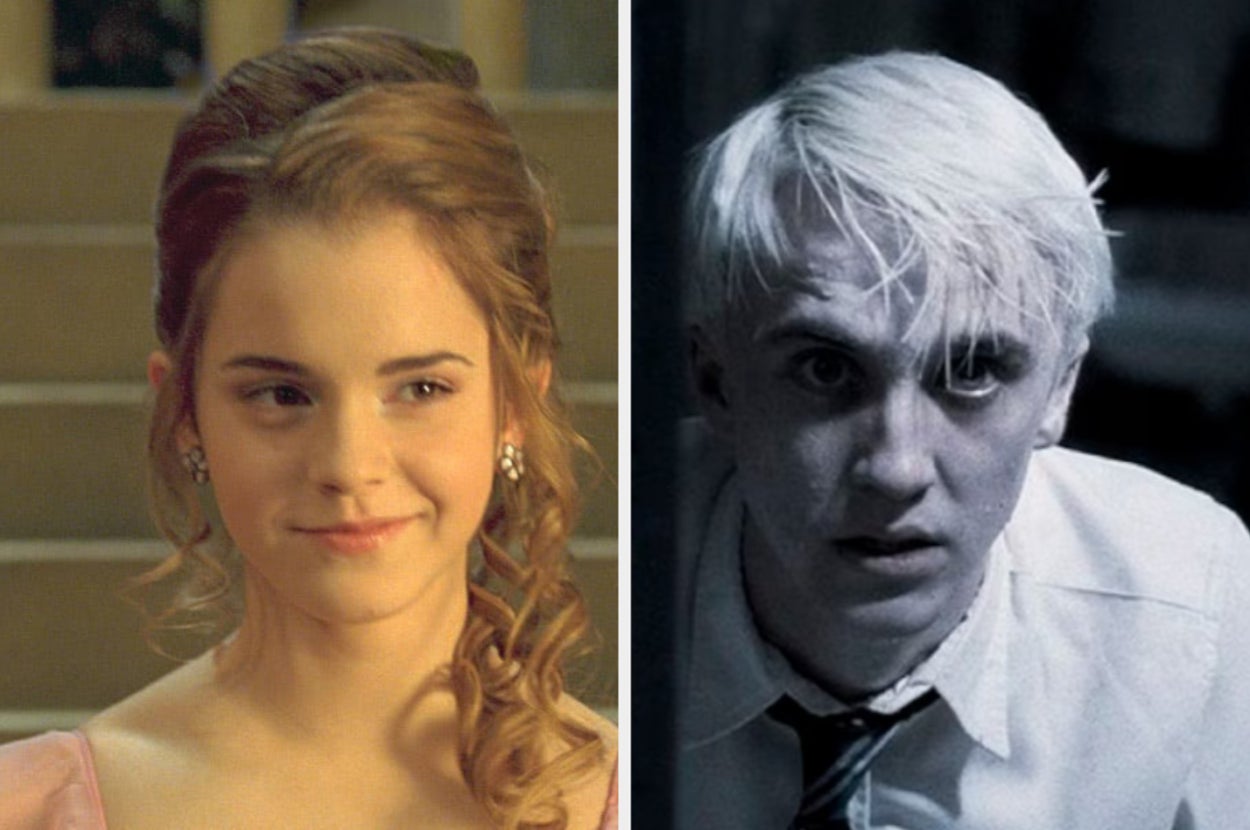 Two characters from the Harry Potter films, one with long hair and earrings and the other with short blond hair, wearing a collared shirt and tie