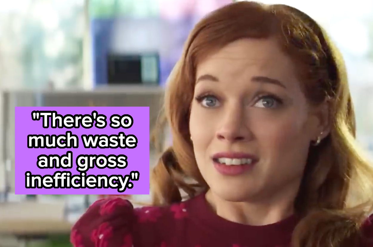 Woman with long hair expressing concern, wearing a patterned top. Text: "There's so much waste and gross inefficiency."