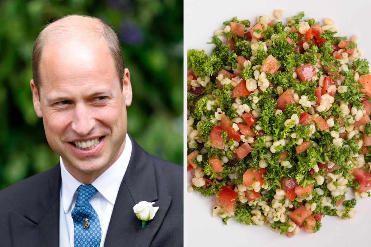 I don’t know who the person is. The image shows a split view: a smiling man in a suit with a flower and bulgur salad with parsley and tomatoes