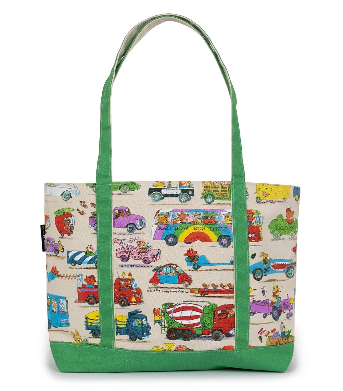 Tote bag with colorful cartoon vehicles and scenes, featuring buses, cars, and trains