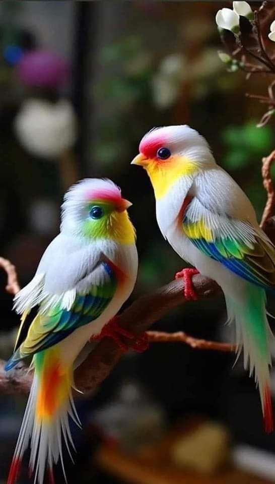AI image: Two white birds with colorful plumage, featuring a mix of green, red, and yellow, perched on a branch with blurred floral background