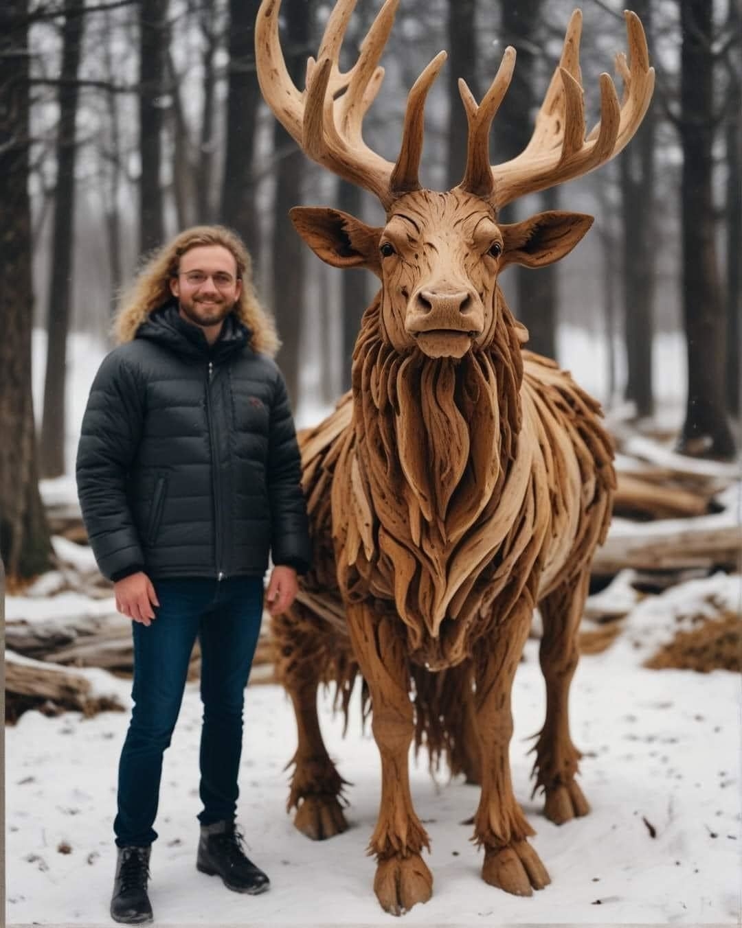 Al image: Man in winter clothing stands next to a large, intricately carved wooden elk sculpture in a snowy forest