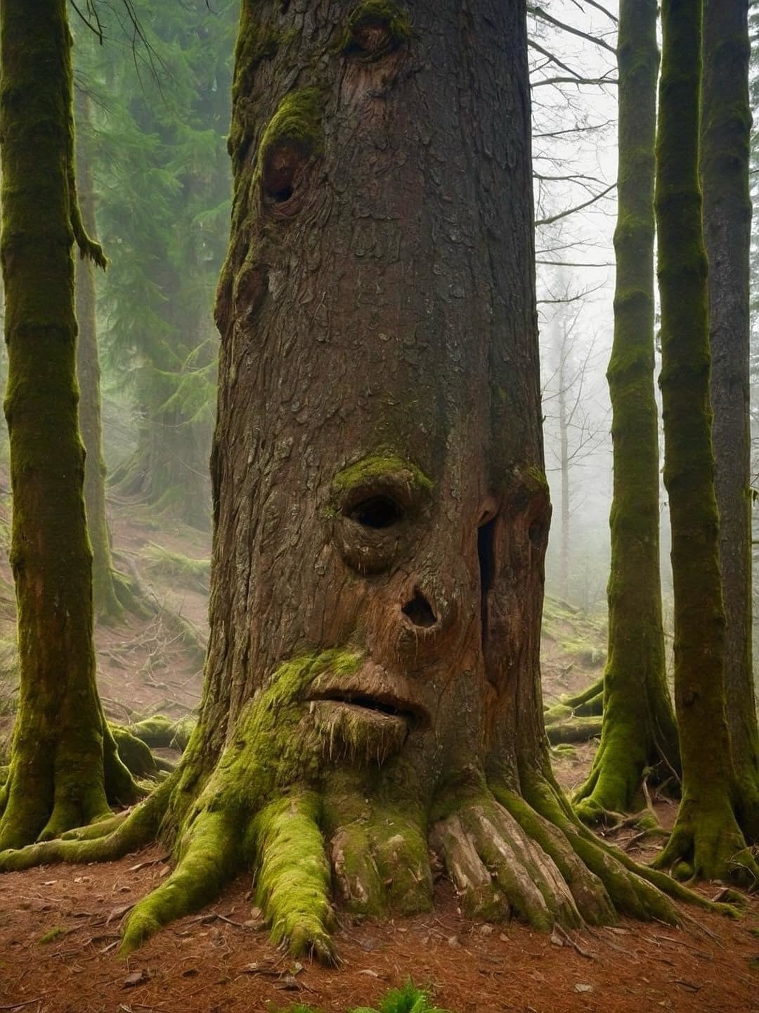 AI image: Tree with a face-like pattern in bark, set in a misty forest with moss-covered roots and towering trunks