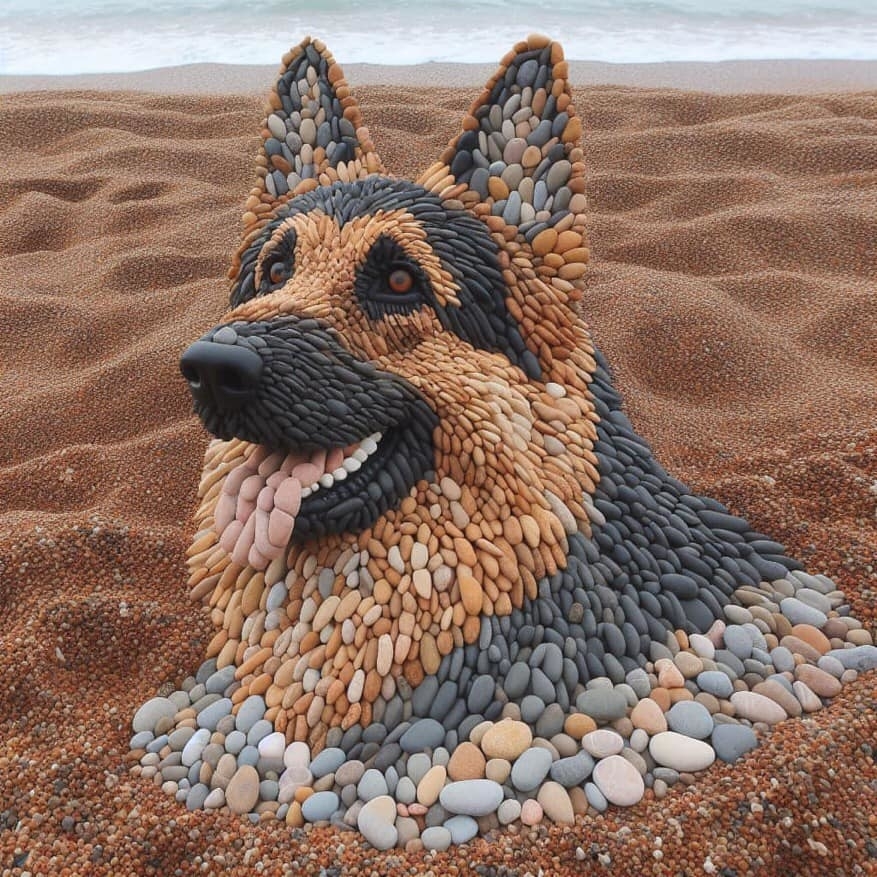 AI image: Stone art sculpture of a German Shepherd dog on a sandy beach, with detailed pebble design forming its face and fur