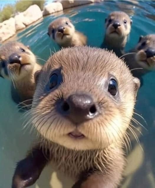 AI image: Five curious otters looking at the camera, with one otter in the foreground reaching towards the lens