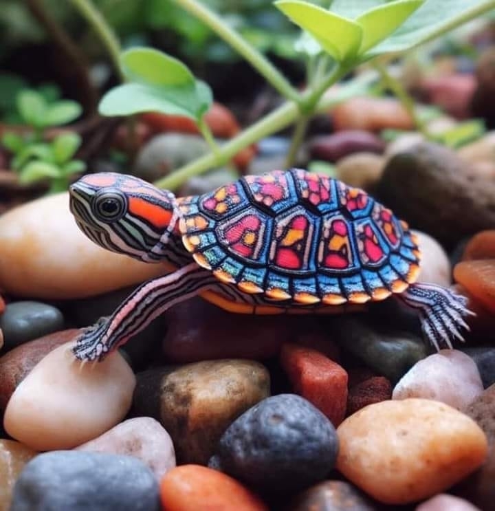 AI image: A small turtle with intricate, colorful patterns on its shell, resting on smooth pebbles with green leaves in the background