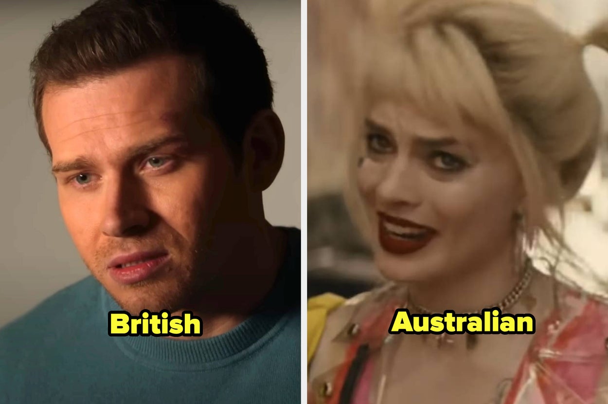 Oliver Stark as Buck labelled "British," and Margot Robbie as Harley Quinn labeled "Australian"