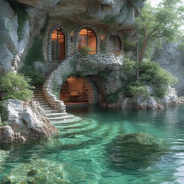 AI image: Stone house with arched windows built into a rocky grotto, overlooking a crystal-clear pool and surrounded by lush greenery