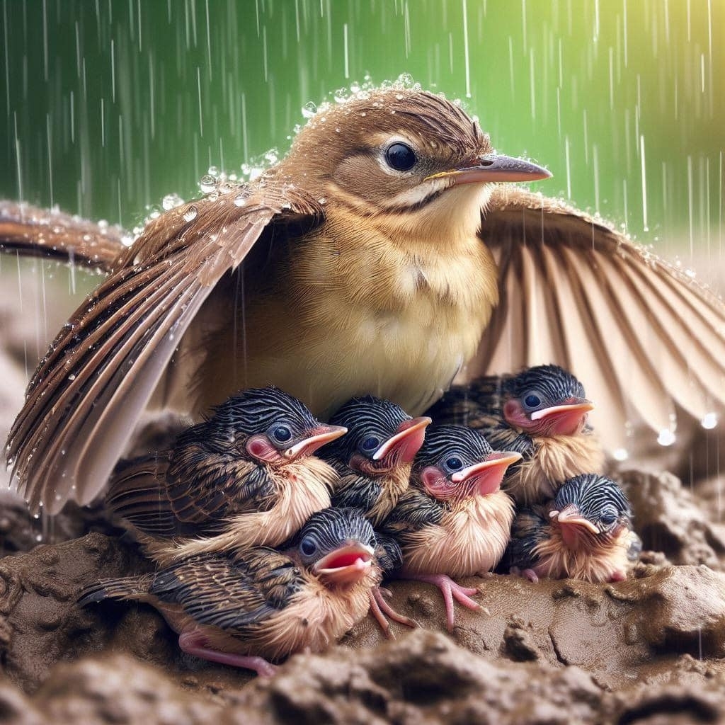 AI image: Bird sheltering chicks from rain under its wing, while perched on a muddy surface. Chicks are nestled close, keeping dry and safe