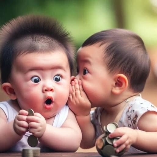 AI image: Two babies engaged in playful interaction; one whispers, while the other looks surprised with fluffy hair, both holding stacks of coins