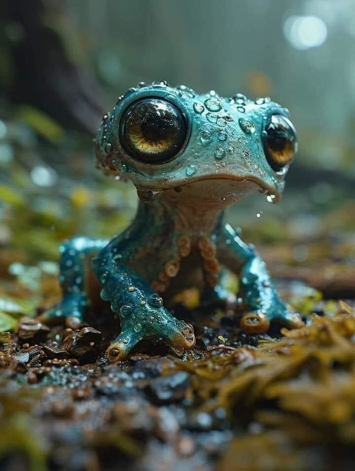 AI image: Close-up of a small, wide-eyed frog with water droplets on its skin, sitting on a forest floor