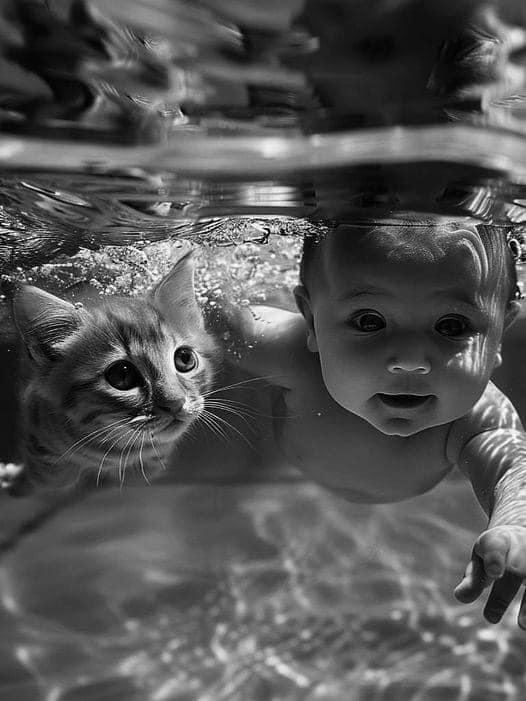 AI image: A baby and a kitten swimming underwater, looking curiously at the camera, creating a playful and adventurous scene