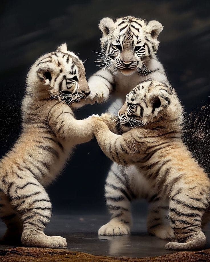 AI image: Three tiger cubs playing together, two standing on hind legs and one in the middle watching them