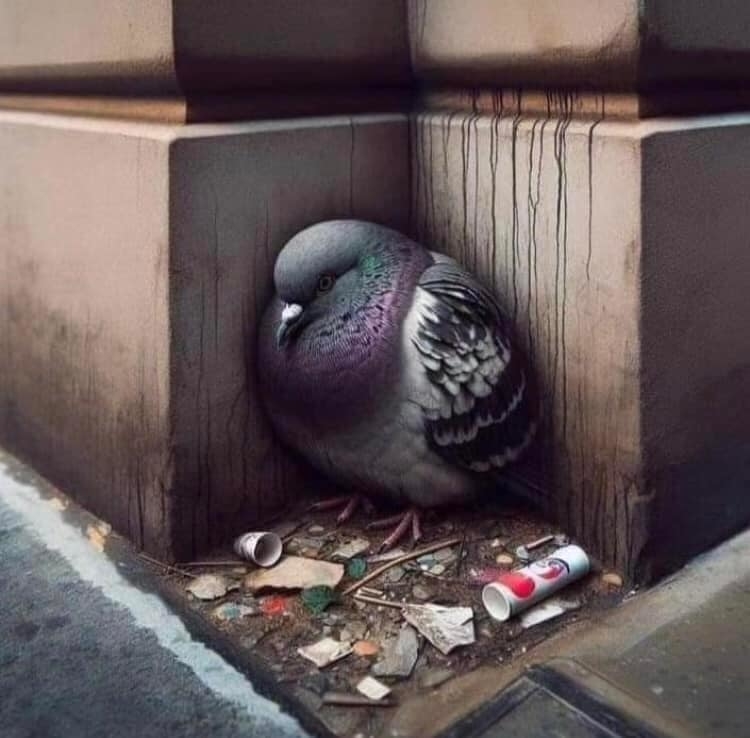 AI image: Pigeon resting in a corner surrounded by small pieces of litter, including a crumpled cup