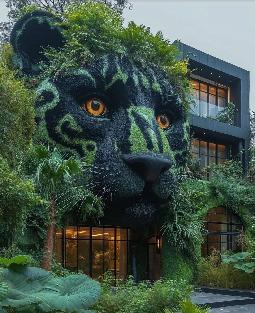 AI image: Building facade shaped like a large cat's head with foliage integrated into the design, surrounded by lush greenery