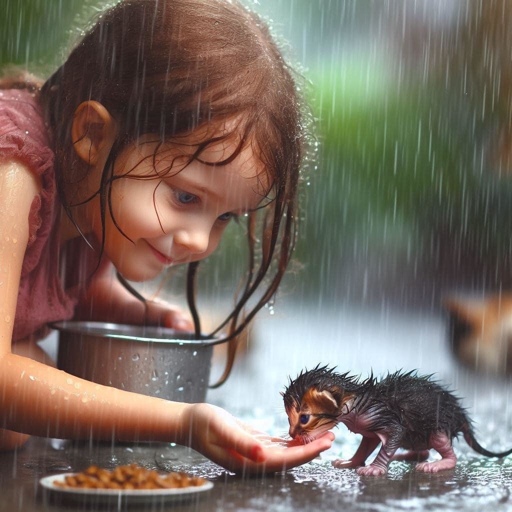 Child helps a wet kitten drink from her hand in the rain, with a bowl and cat food nearby