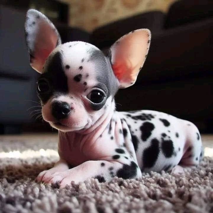 AI image: Spotted puppy lying on a carpet, gazing upward with oversized ears perked up