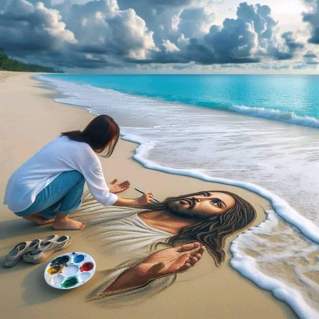 A person painting a realistic portrait of Jesus on a sandy beach, using a palette of colors, with waves approaching the artwork