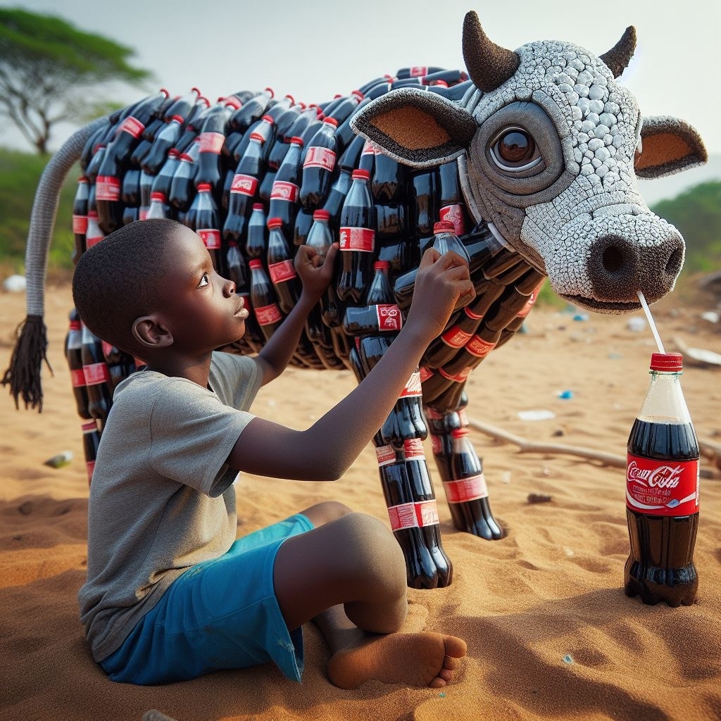 Child kneels on sand, assembling a cow sculpture made from Coca-Cola bottles with a bottle as the udder