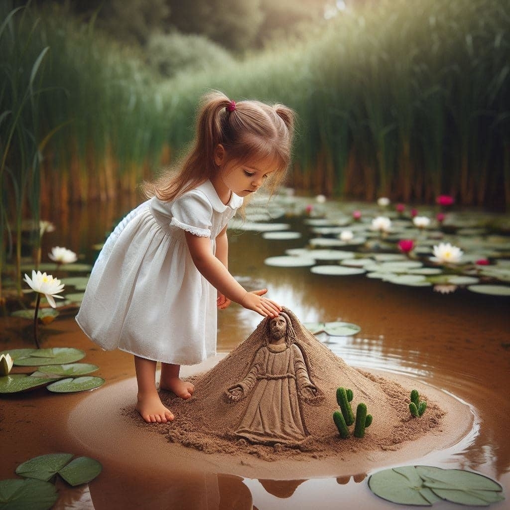 AI image: A young girl in a white dress builds sand art of Jesus in a pond, surrounded by lily pads and reeds