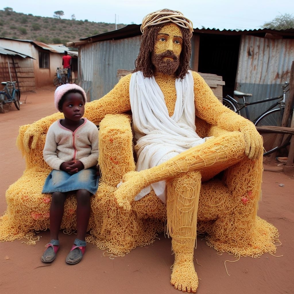 AI image: A child sits next to a statue made of noodles resembling Jesus