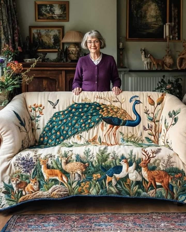 AI image: Woman smiling behind a sofa with an intricate tapestry featuring a peacock and various animals. Cozy, homey setting with art on the walls