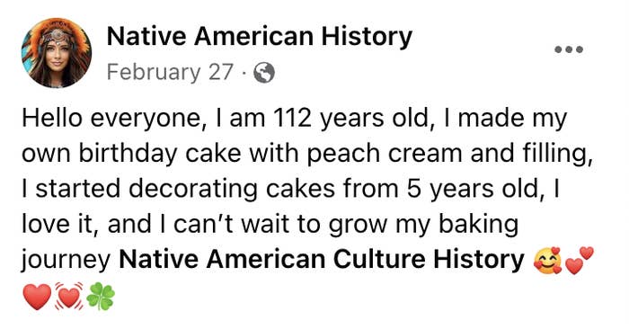 Facebook post from Native American History. A 112-year-old shares love for baking and making a peach cream cake for their birthday