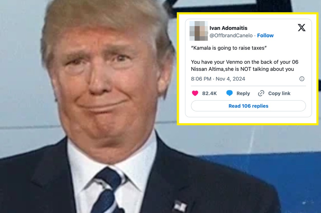 Image of a person with a humorous facial expression next to a tweet joking about taxes and Venmo details on a Nissan Altima
