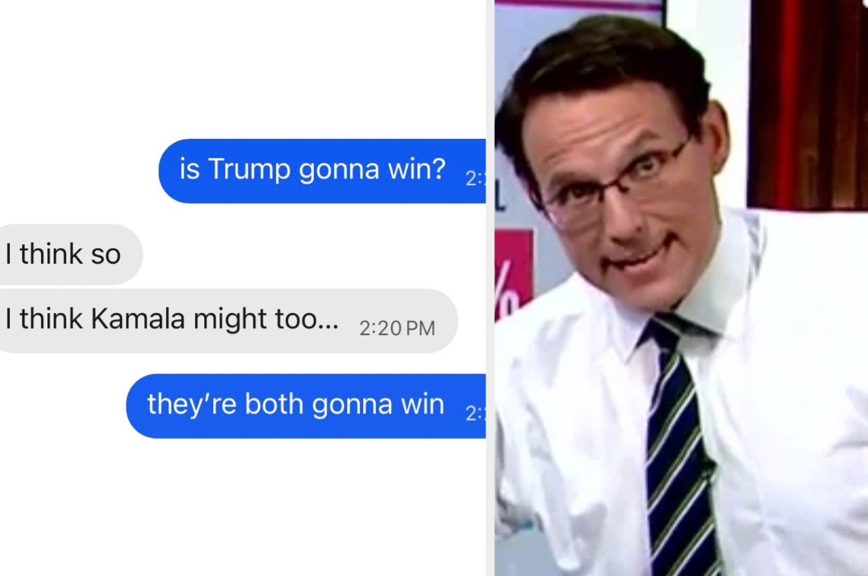 Image showing a man in a shirt and tie next to text messages discussing potential election outcomes, mentioning Trump and Kamala possibly winning