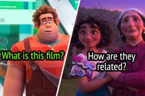 Ralph from "Wreck-It Ralph"; Mirabel and Abuela Alma from "Encanto" with text asking about film and character relationships