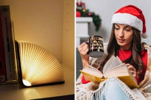 Left: Illuminated book-shaped lamp on a shelf. Right: Person in a Santa hat reading a book and drinking from a festive mug