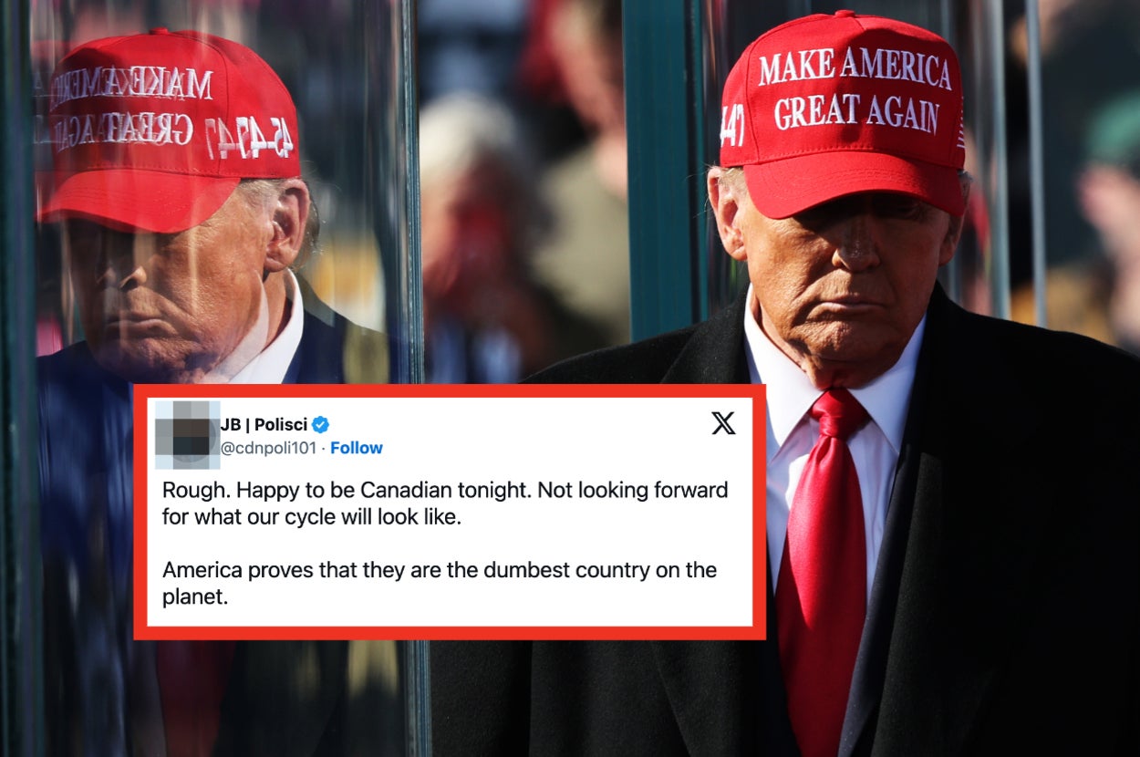 Man in a "Make America Great Again" hat looking down, with a tweet overlay criticizing American politics