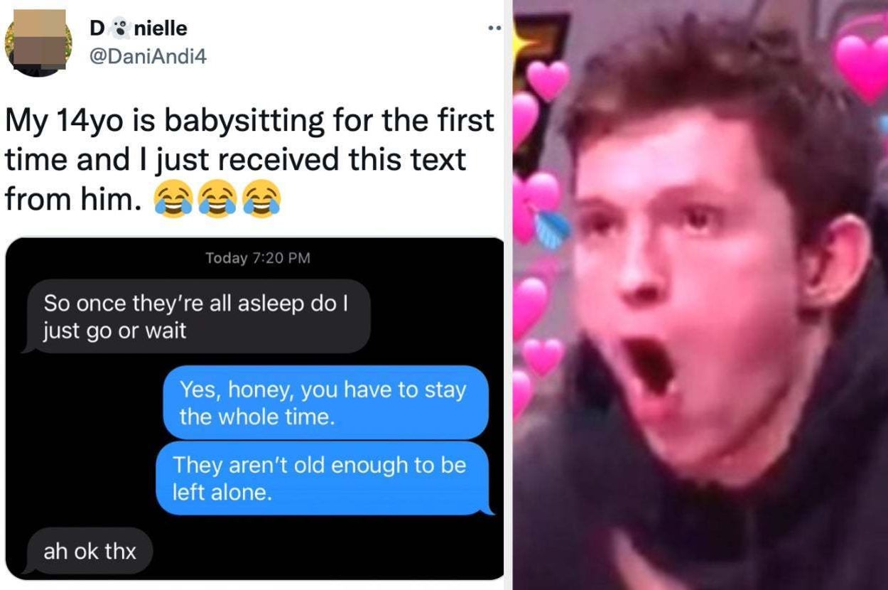 Tweet from Danielle: Her 14-year-old babysitter sends a funny text. Side-by-side meme shows a surprised reaction