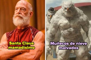 Imagen dividida: a la izquierda, un hombre musculoso con barba blanca; a la derecha, muñecos de nieve con expresión amenazante
