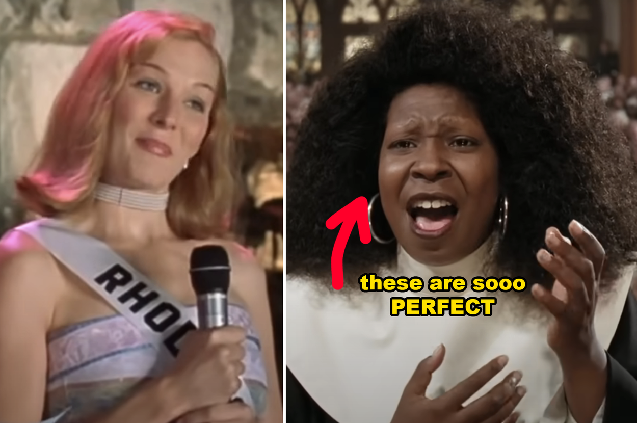 Two scenes comparing women: one as a pageant contestant with a sash, the other as a singing nun with an exuberant expression and gesture