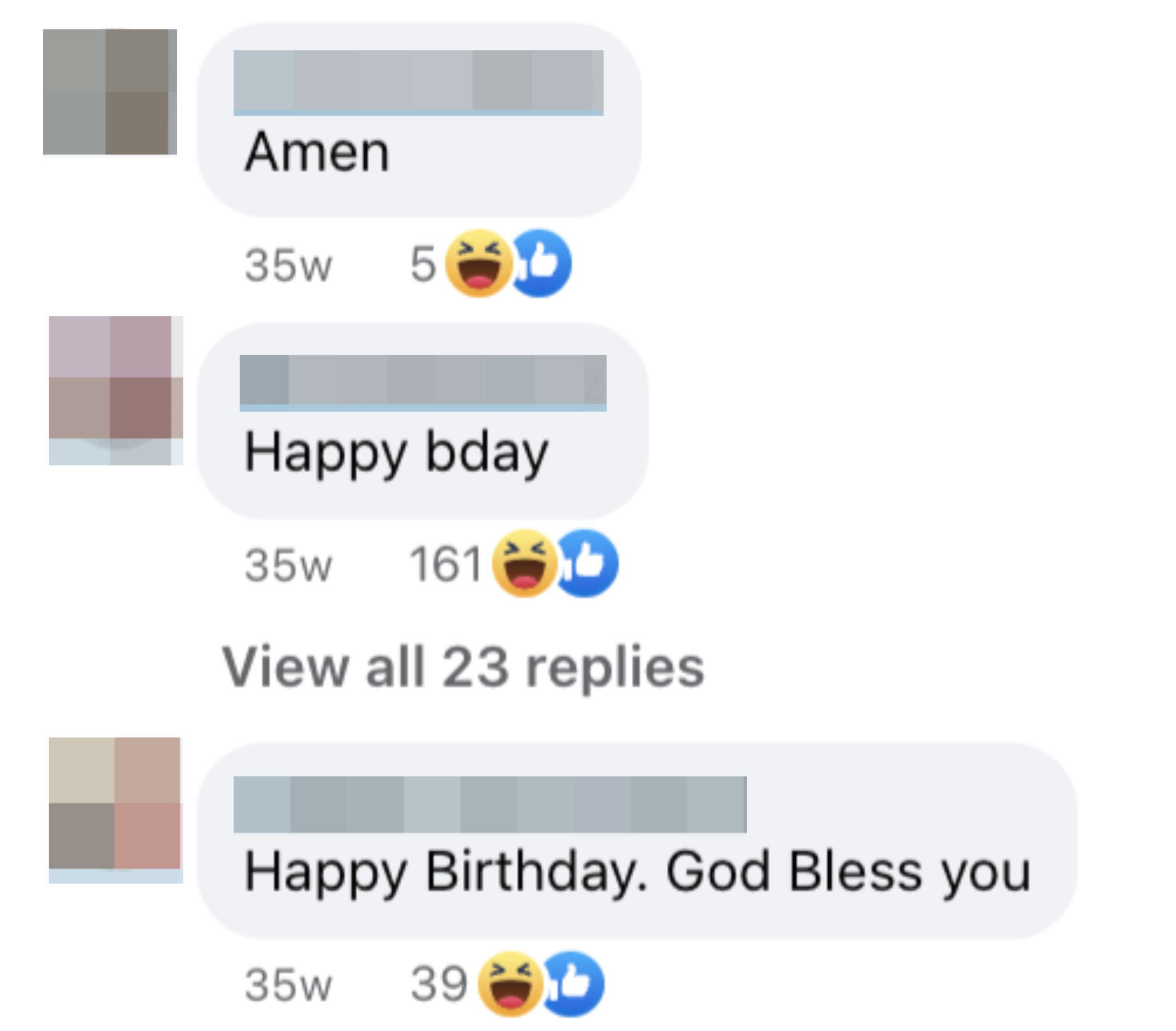 Facebook comments wishing someone a happy birthday with reactions from viewers