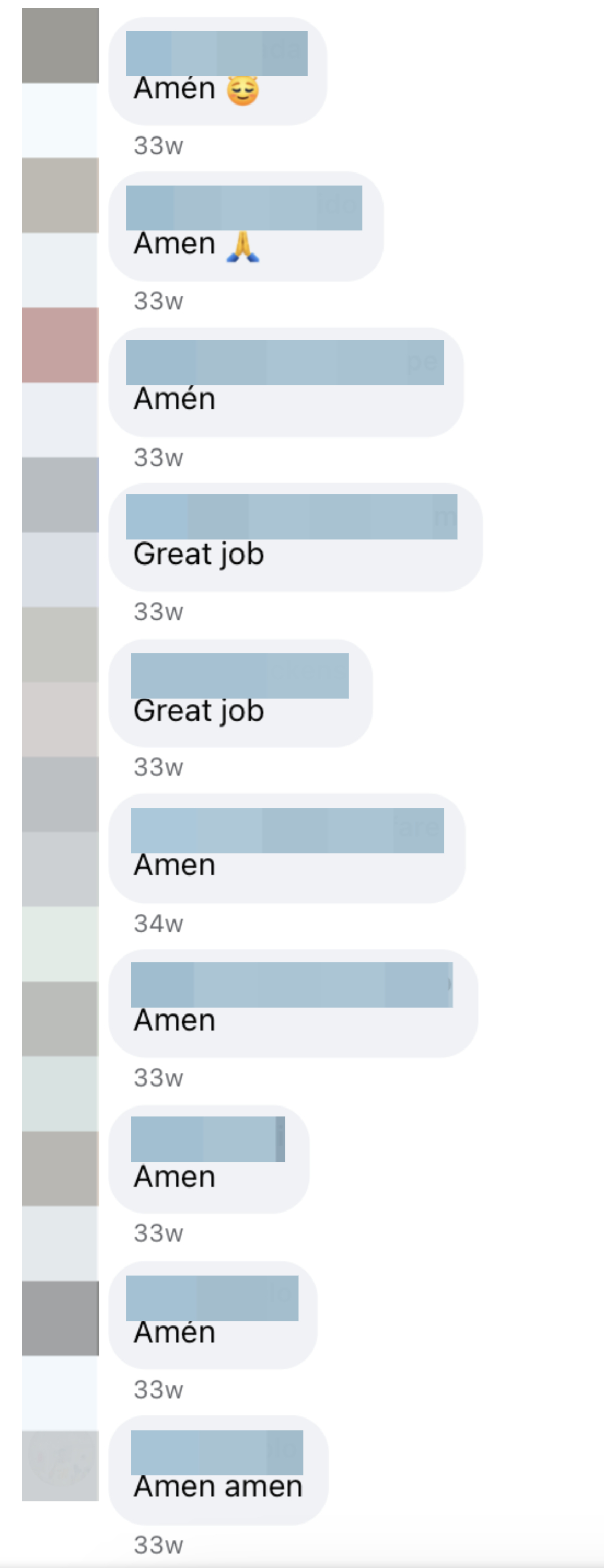 Facebook comments expressing positivity and gratitude, with several people saying "Amen" and "Great job."