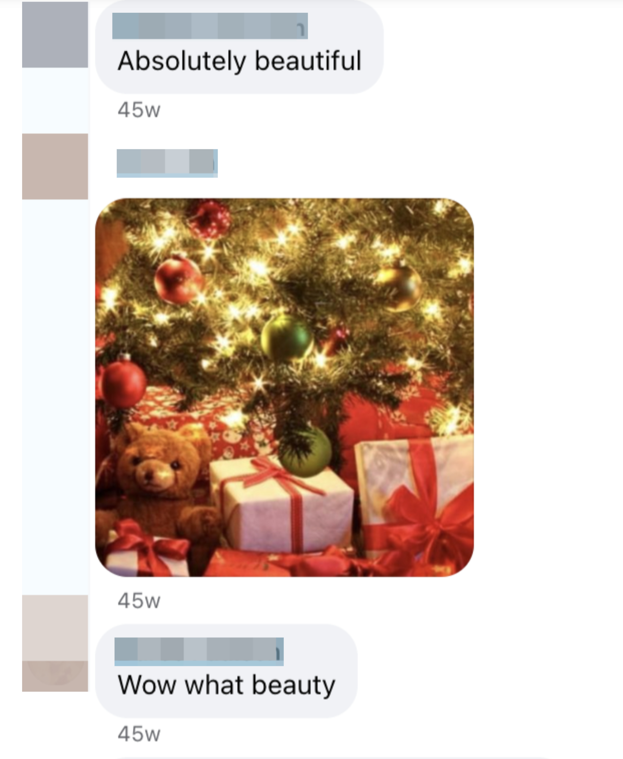 Comments: "Absolutely beautiful," "Wow what beauty," and a Christmas tree with presents and lights