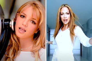 Two iconic singers in music video scenes, each wearing casual chic outfits with loose hair; reminiscent of early 2000s pop culture
