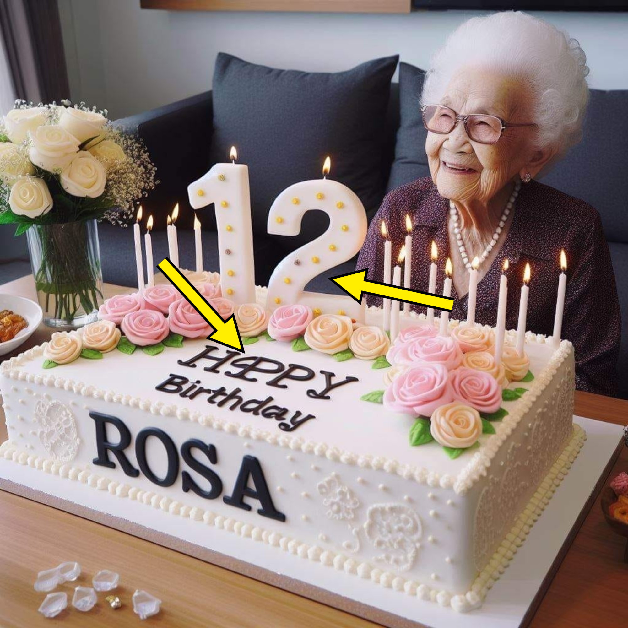 Elderly woman celebrating with a large birthday cake that reads "Happy Birthday, Rosa" with decorative flowers and lit candles