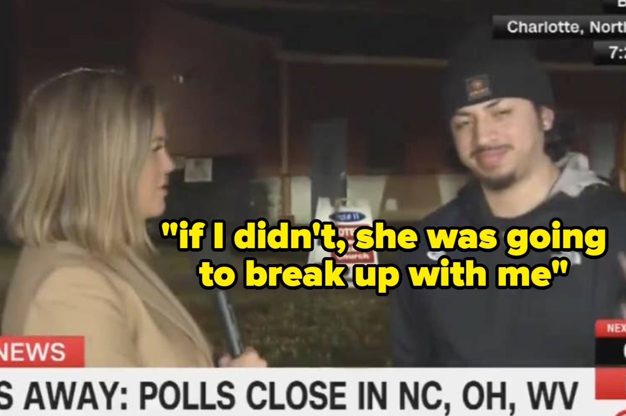 News interview: Reporter holds a microphone to a person, who says, "If I didn't, she was going to break up with me."