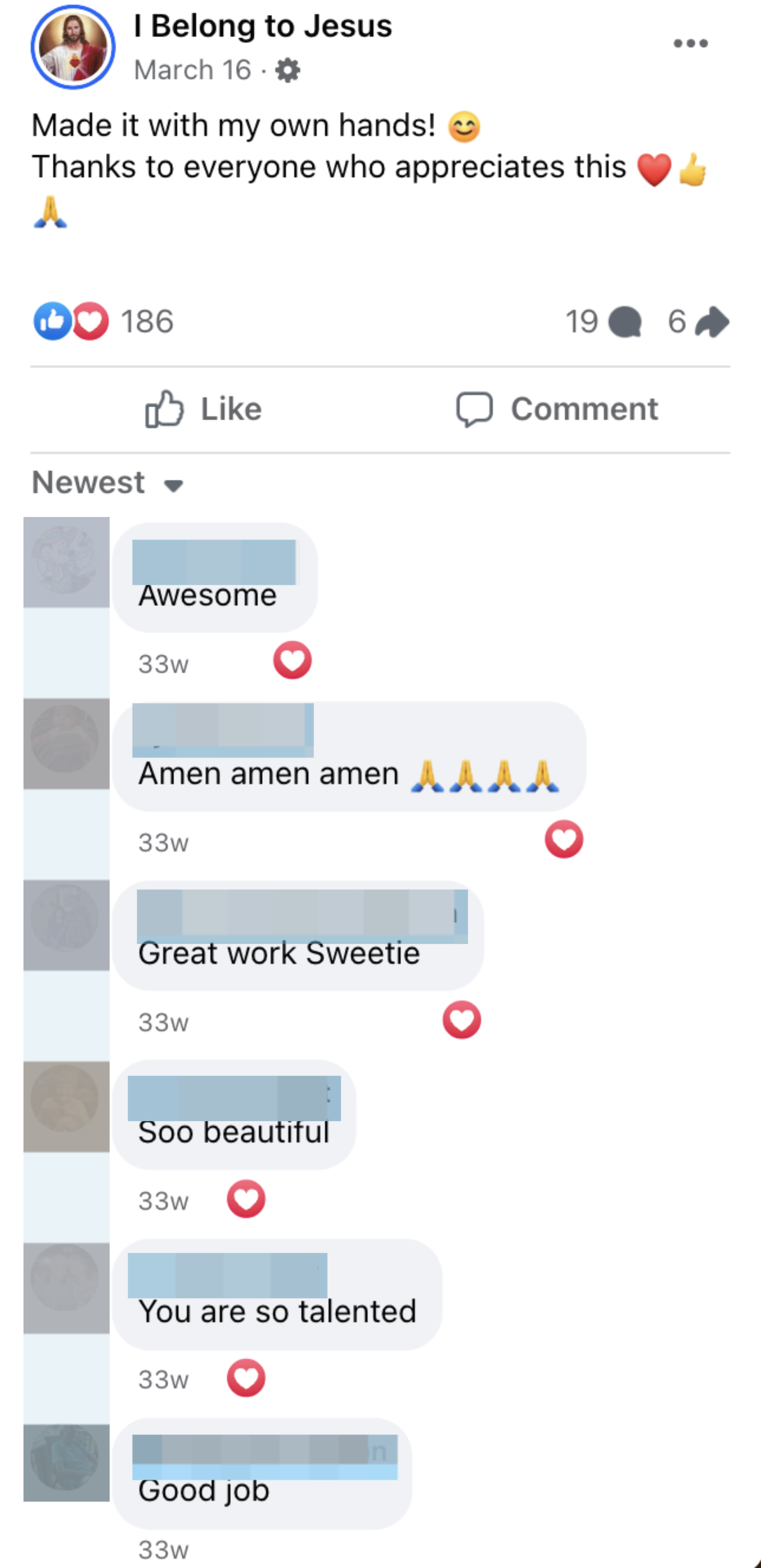 Facebook post by "I Belong to Jesus" sharing gratitude and self-made creation, with multiple supportive comments