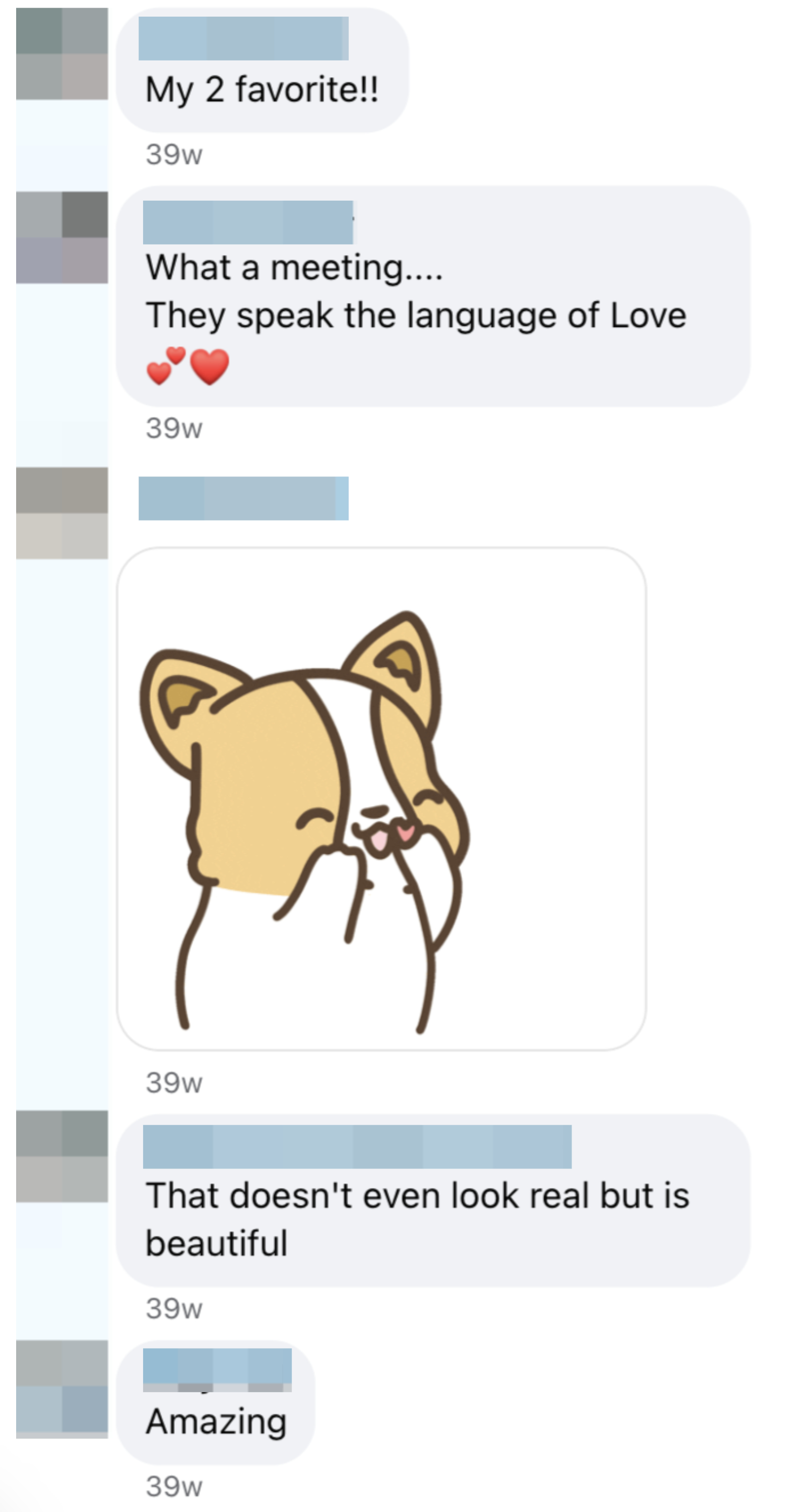 Facebook comments praise the image, including a GIF of a dog blowing a kiss